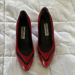 Red and Black Patent Leather Heels with Pointed Toe